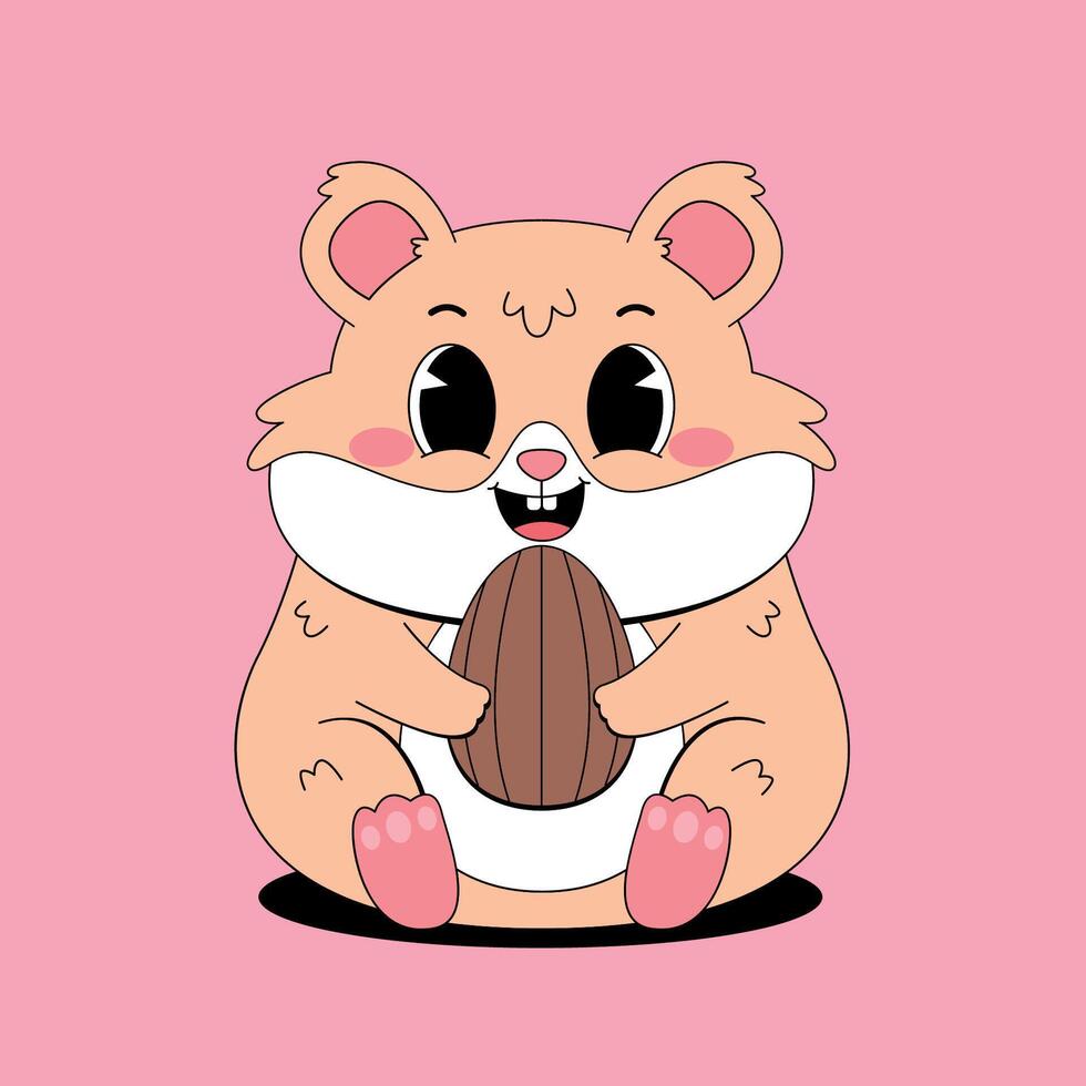 Cute hamster holding a nut on a pink background vector