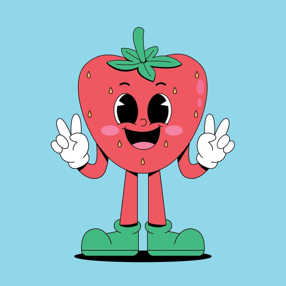 A cartoon strawberry character with two hands up vector
