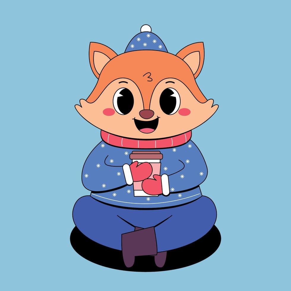 Fox in winter clothes holding a cup vector