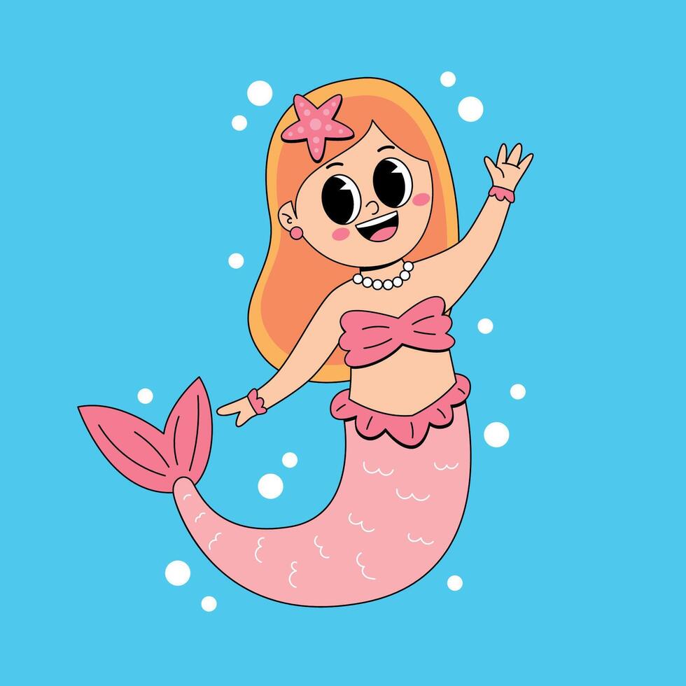 A cartoon mermaid with pink hair and a pearl necklace vector