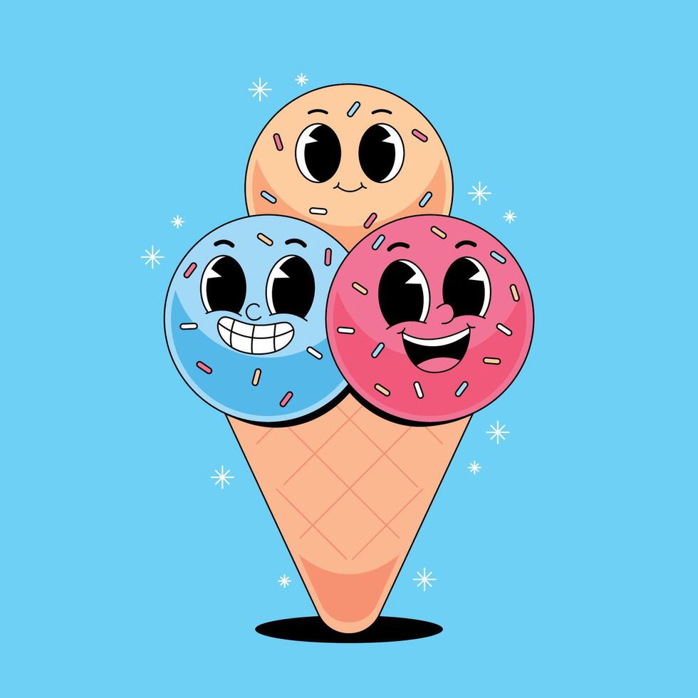 Three ice cream cones with faces and eyes vector