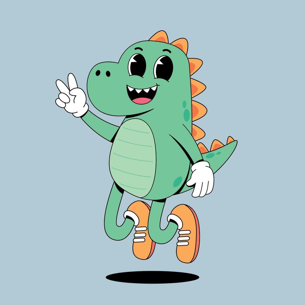 A cartoon dinosaur running with his hands up vector