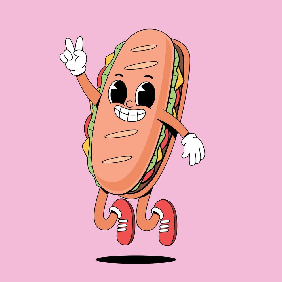 A cartoon hot dog running on a pink background vector
