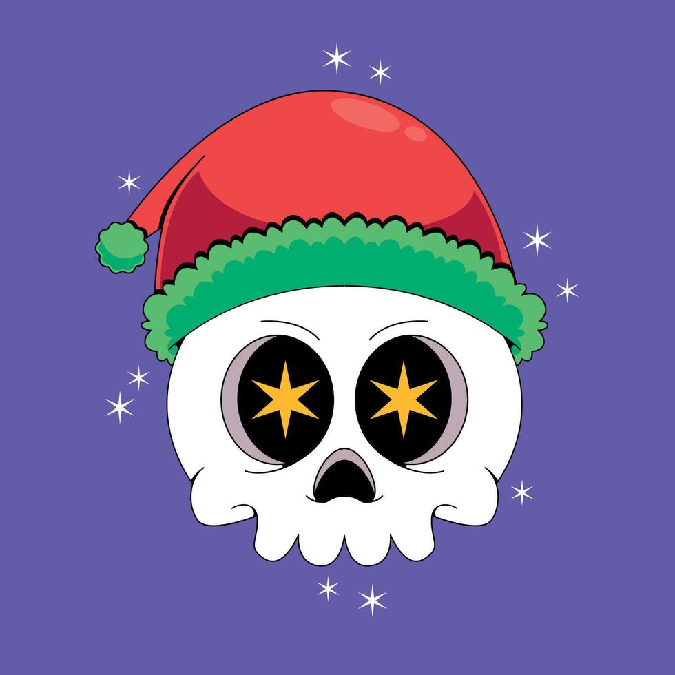 A cartoon skull wearing a santa hat on a purple background vector