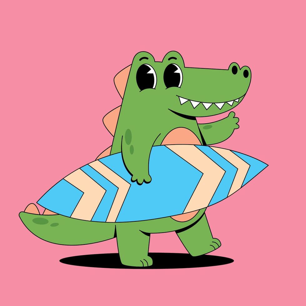 A cartoon crocodile holding a surfboard vector