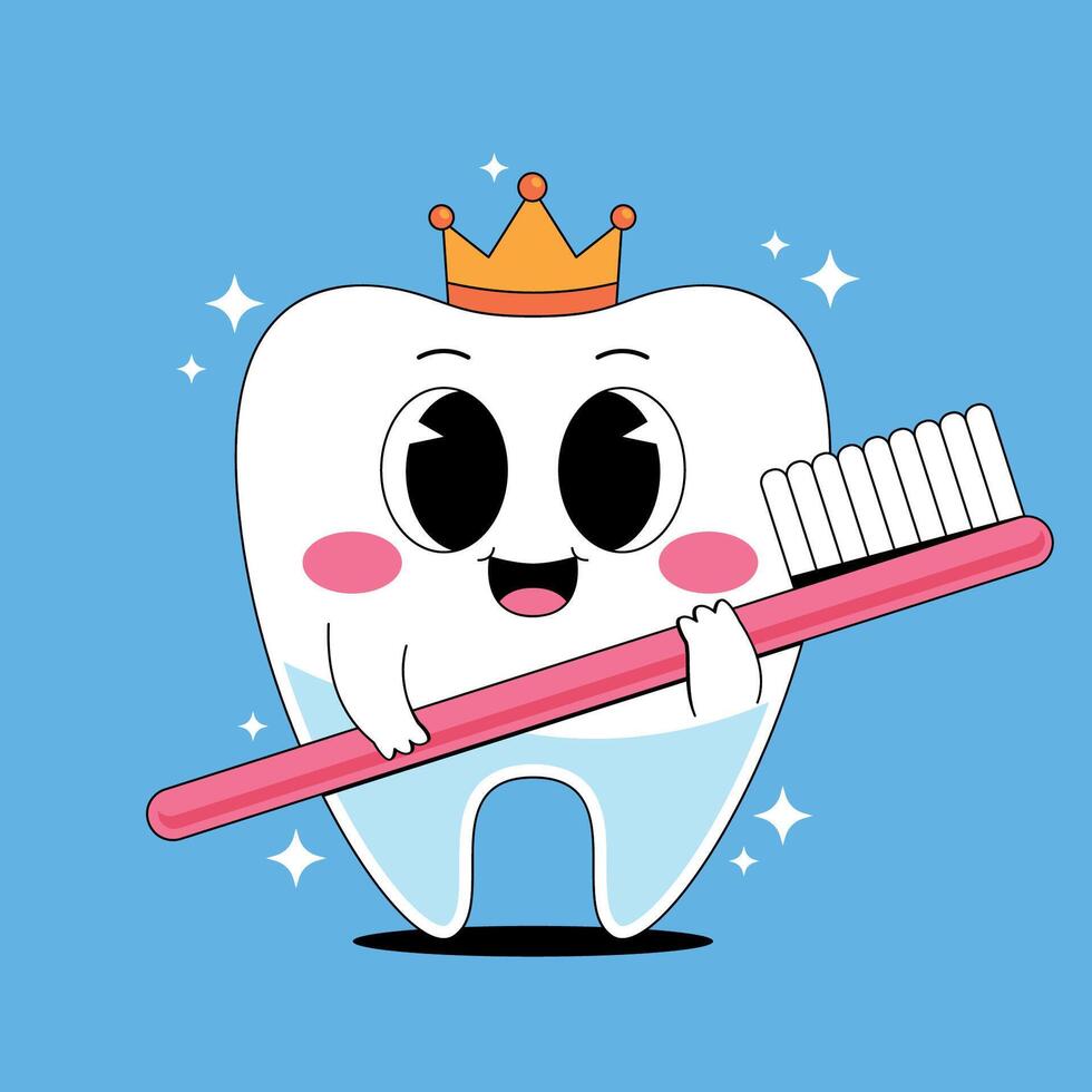 Tooth with crown holding a toothbrush vector