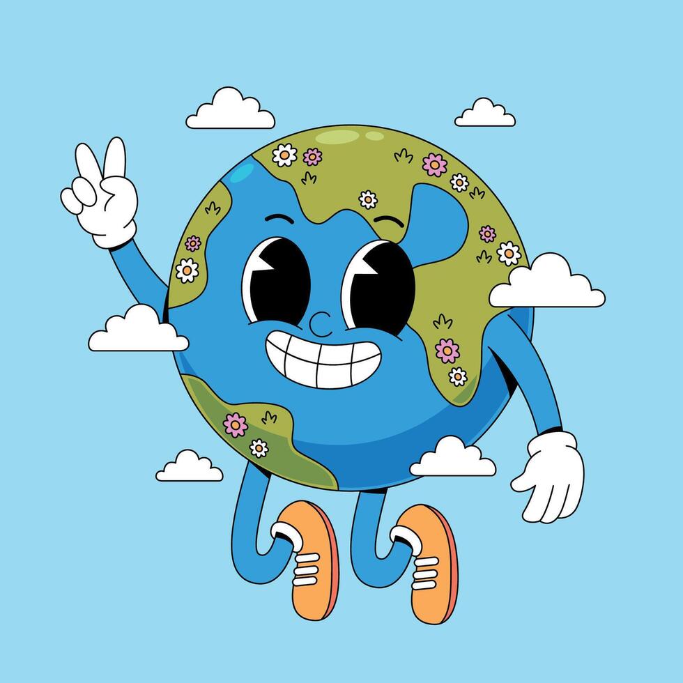 Earth happy cartoon character with peace sign vector