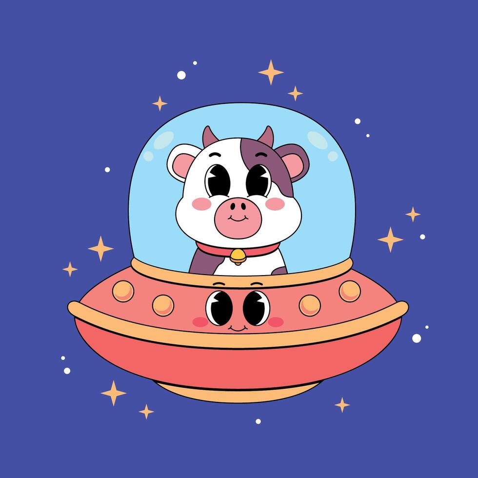 Cow in a spaceship with stars and stars vector