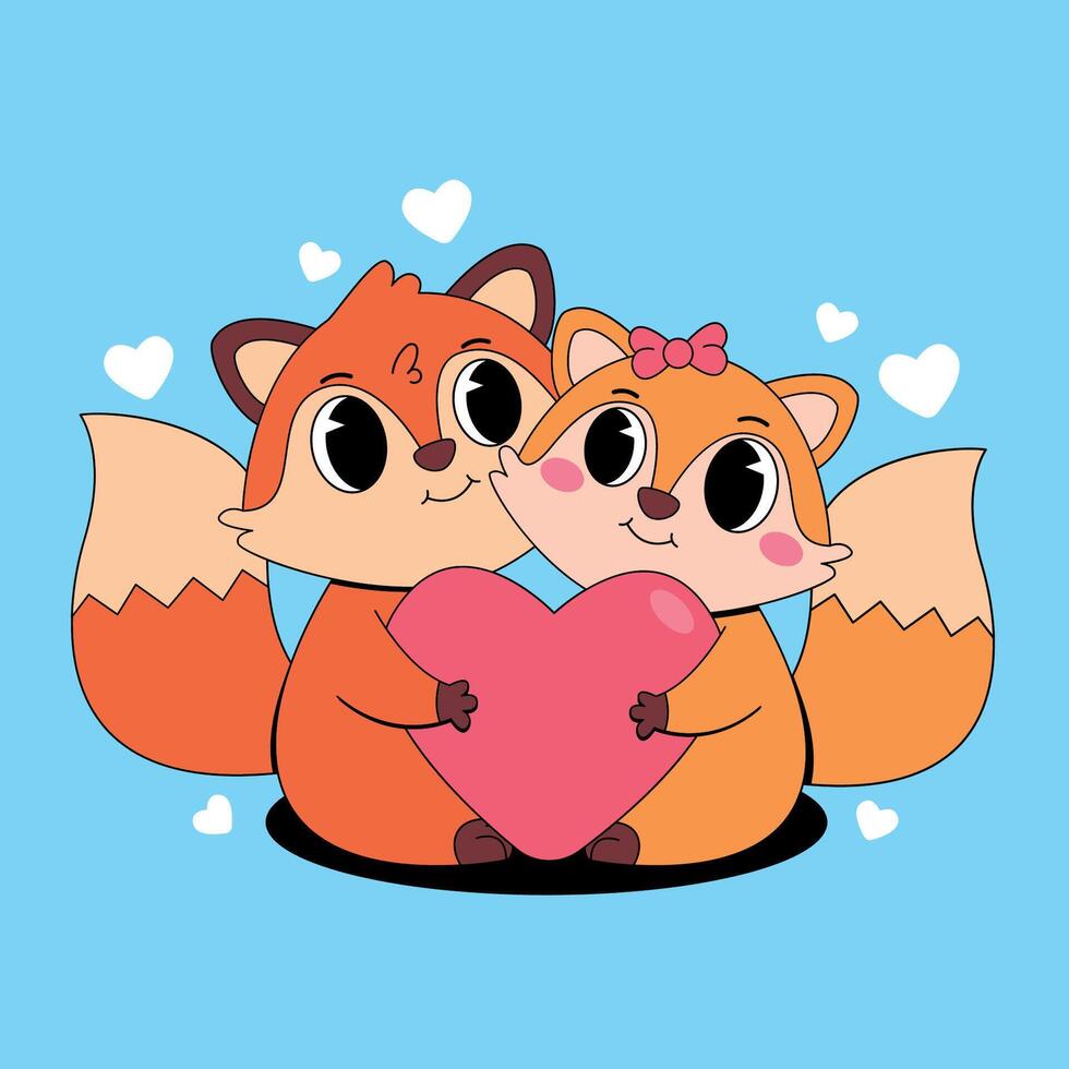 Cute foxes holding a heart on a blue background vector