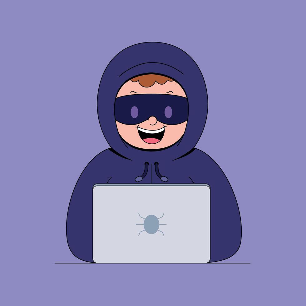 A cartoon man in a hoodie with a laptop vector