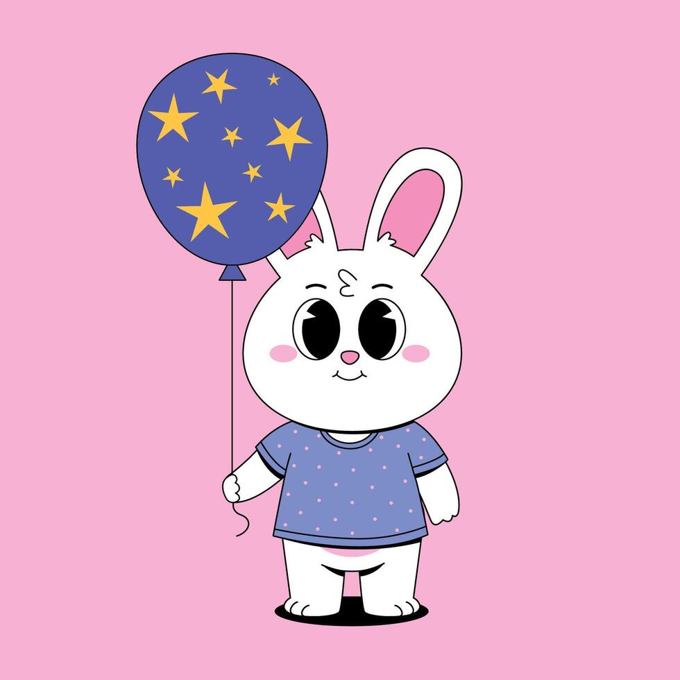 A cartoon bunny holding a balloon with stars on it vector