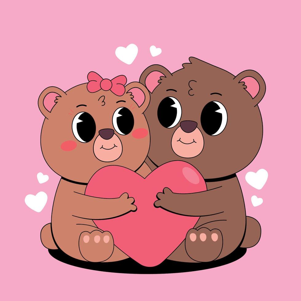 Two brown bears holding a heart on a pink background vector