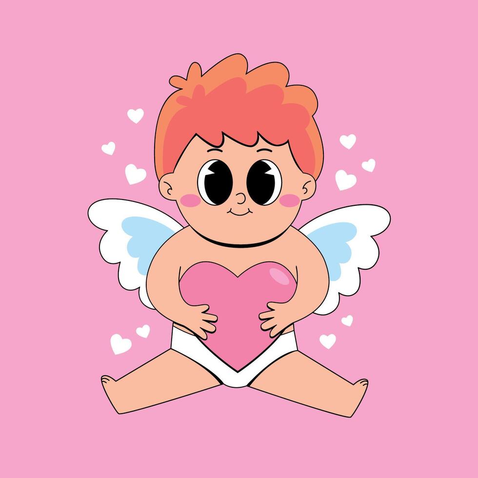 Cute cartoon cupid with heart on pink background vector