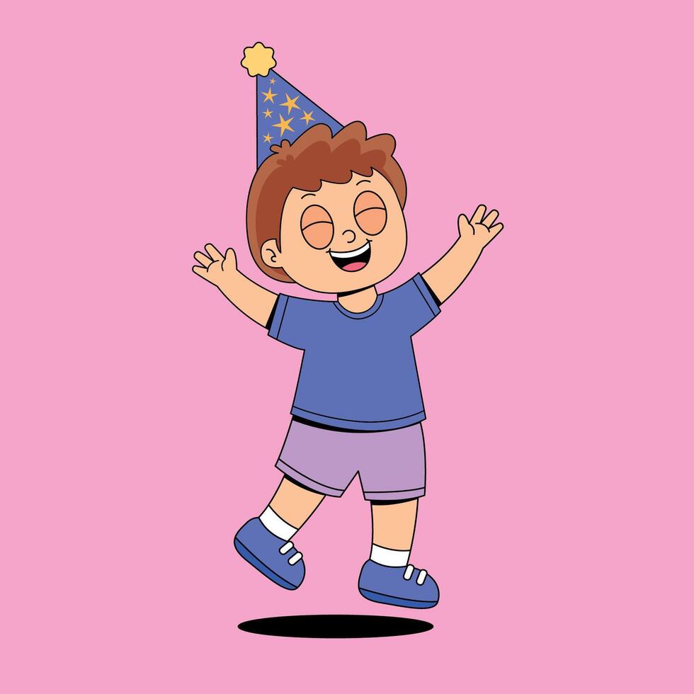A cartoon boy wearing a party hat and holding his arms up vector