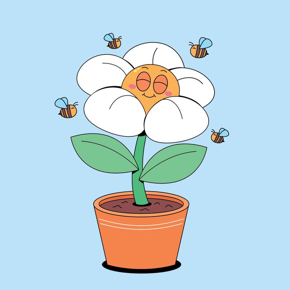 A cartoon flower with bees flying around it vector