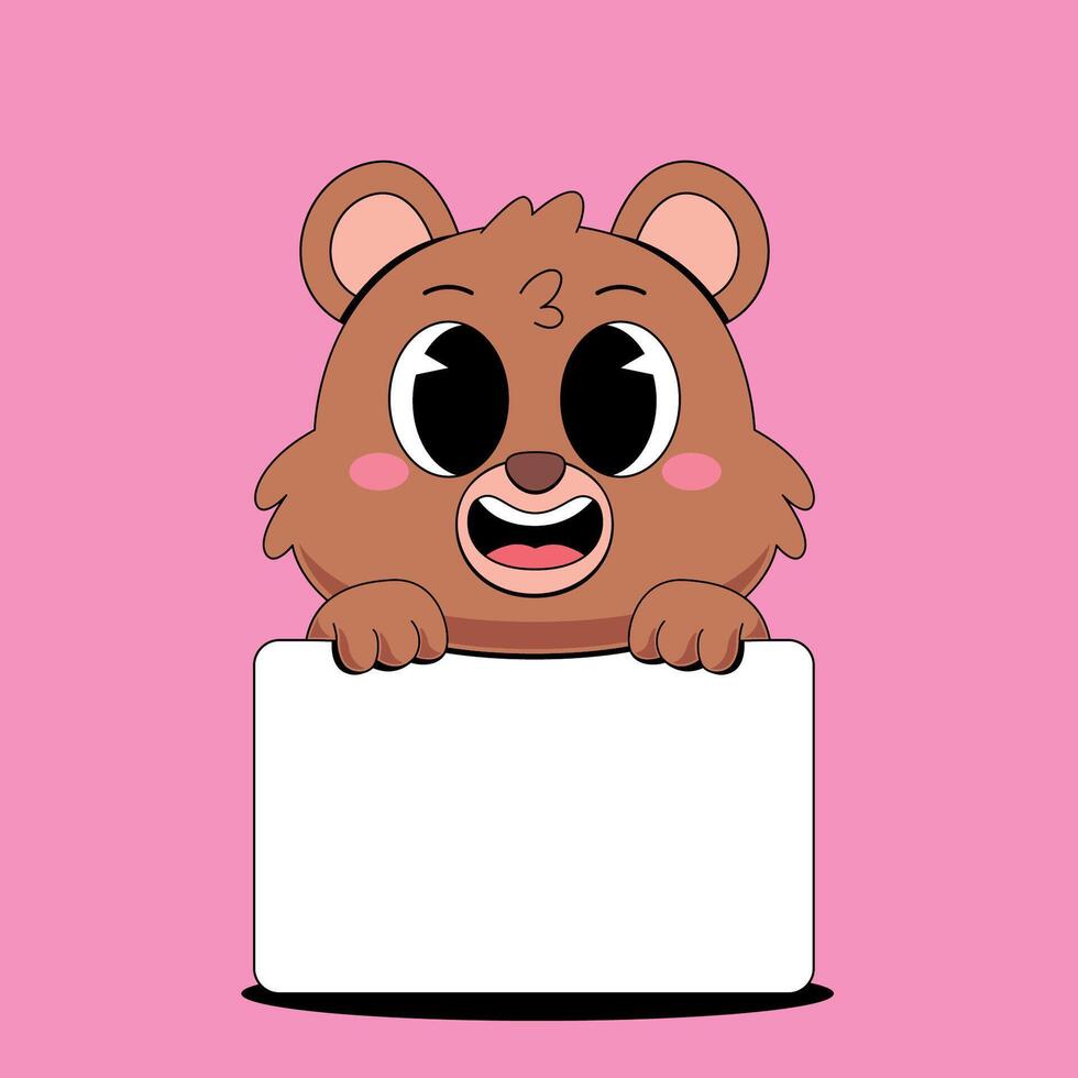 A cartoon bear holding a blank sign on a pink background vector
