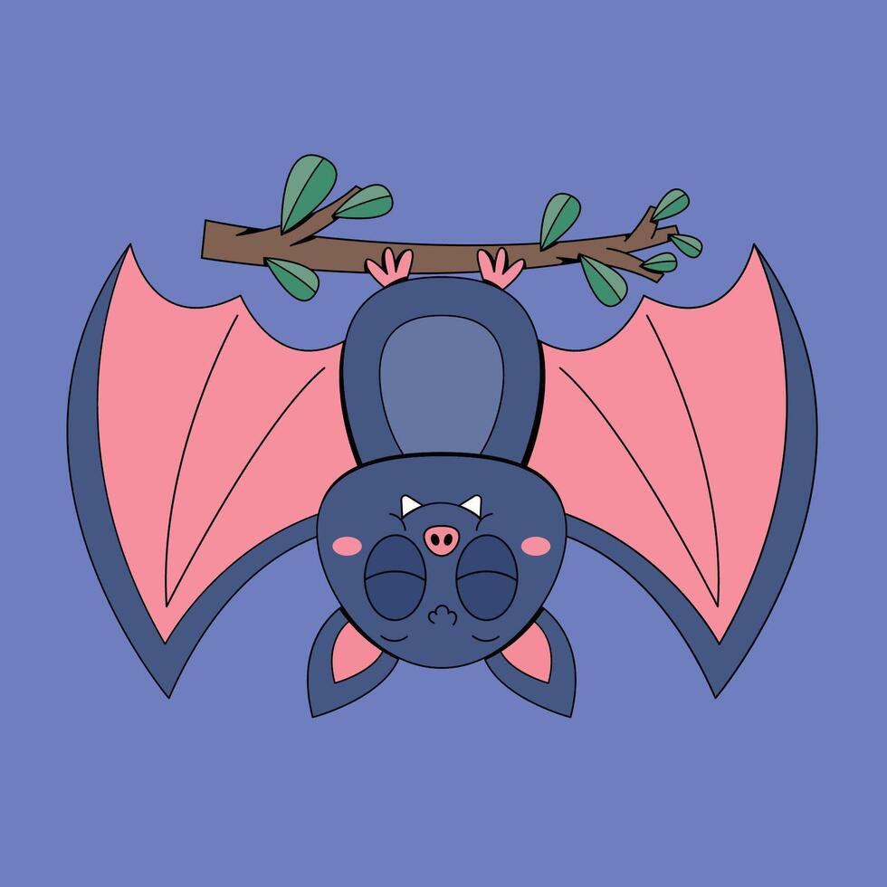 A cartoon bat hanging from a branch vector