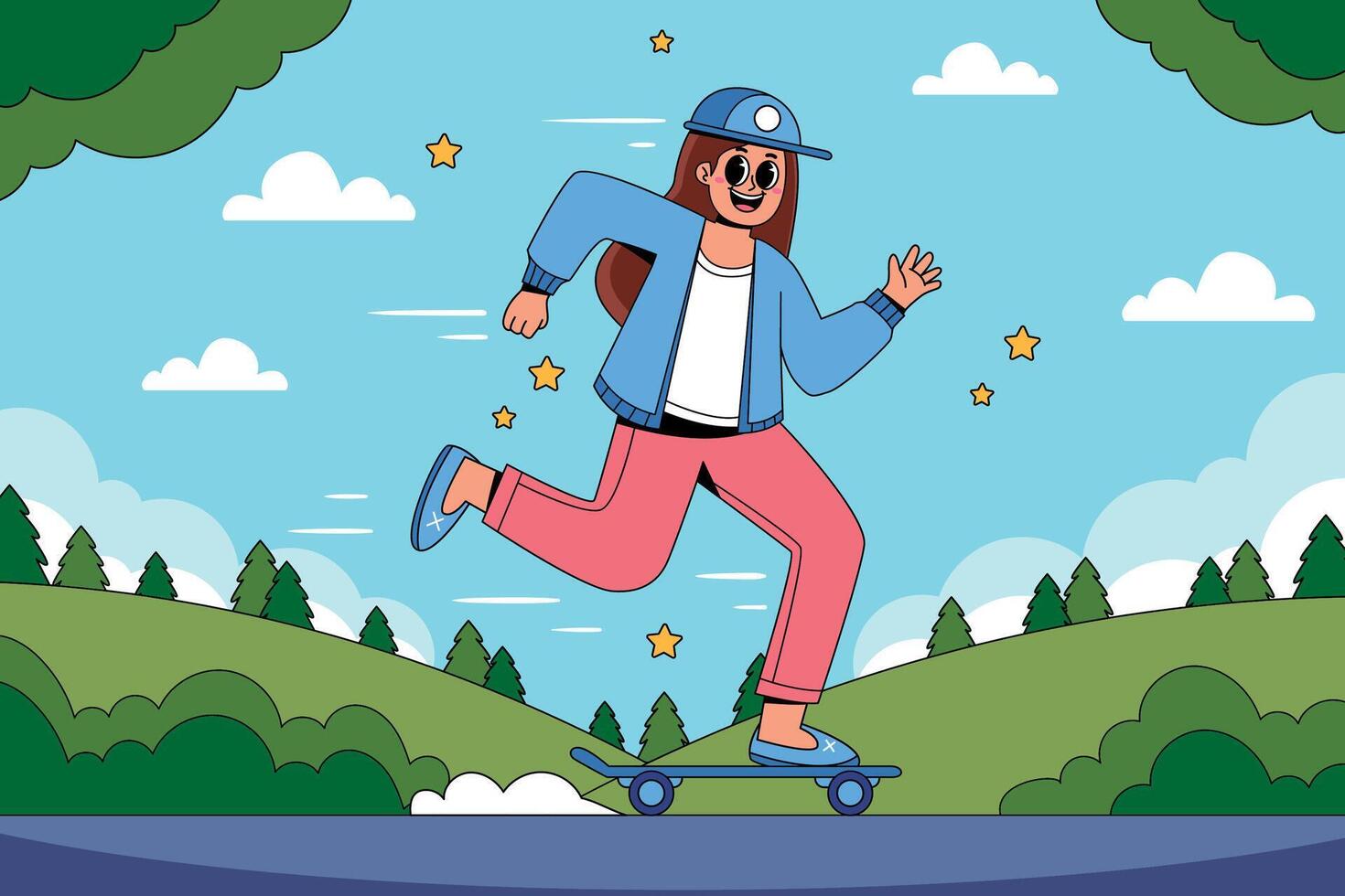 A cartoon girl riding a skateboard in the park vector