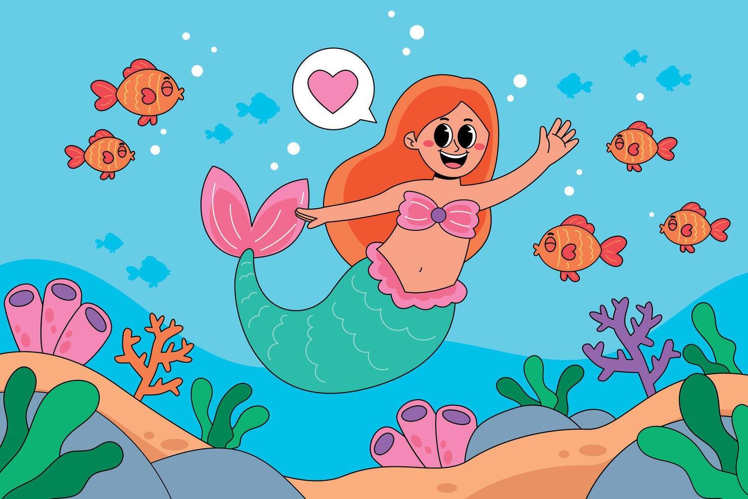 A cartoon mermaid with a heart and fish vector