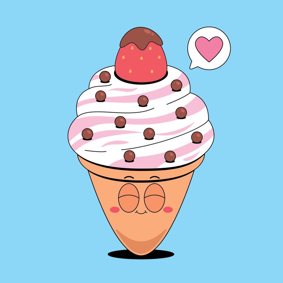An ice cream cone with a strawberry and chocolate chips vector