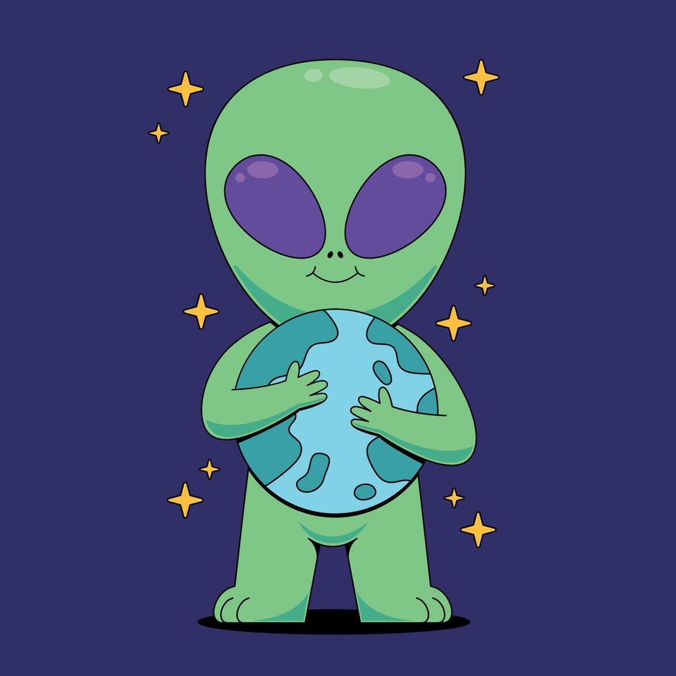 An alien holding a globe in his hands vector