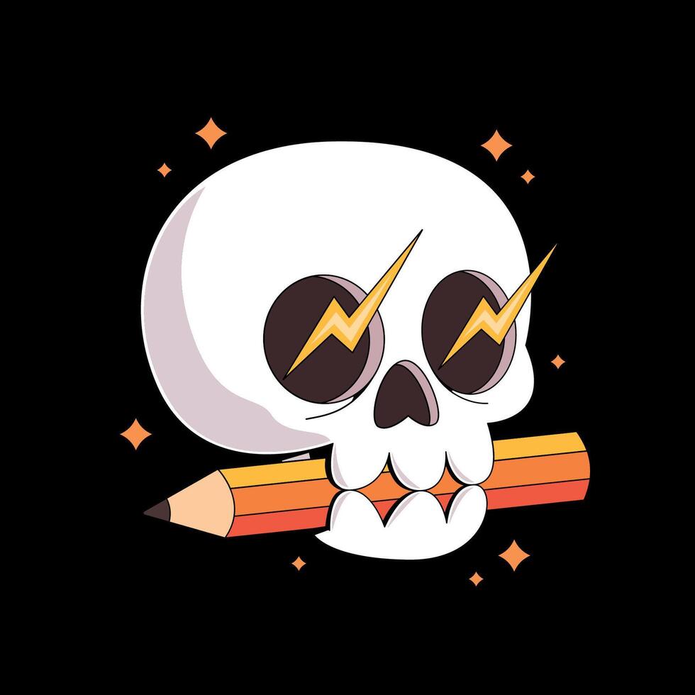 A cartoon skull with a pencil in its mouth vector