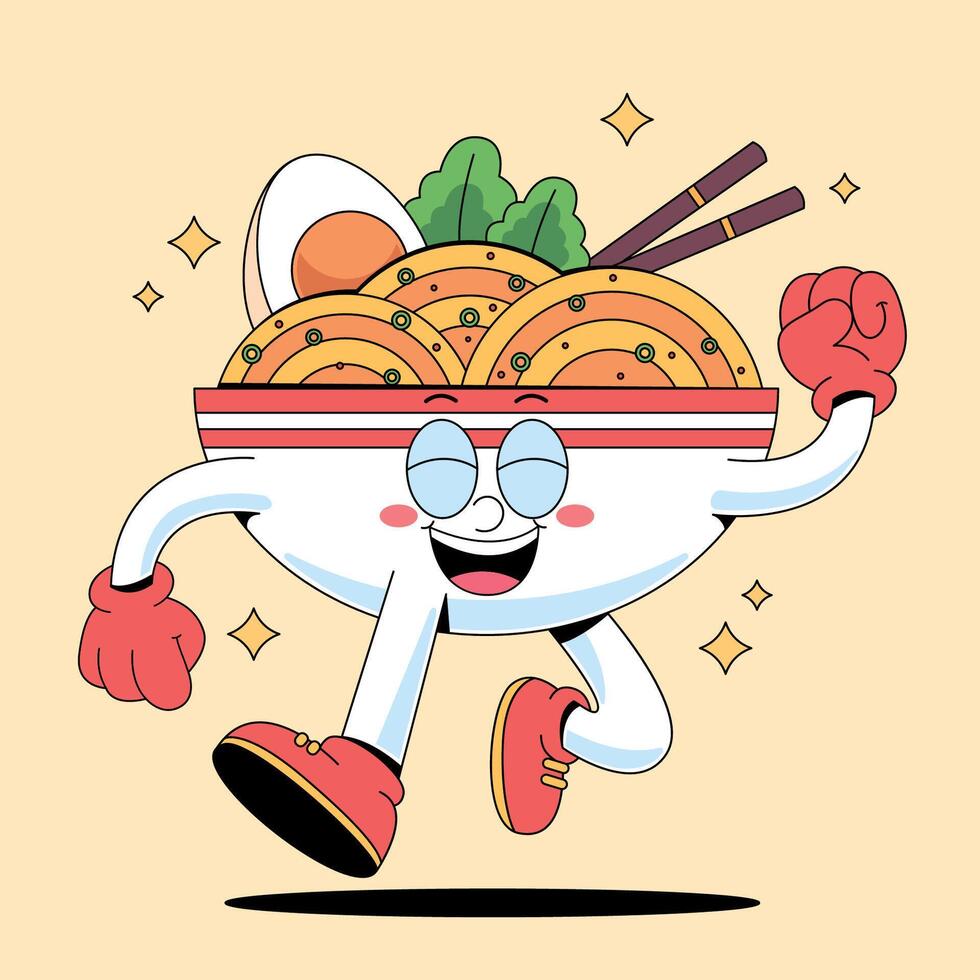 Cartoon character of ramen noodles running with chopsticks vector
