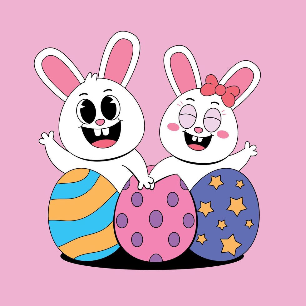 Two cute bunnies are sitting in a pink background vector