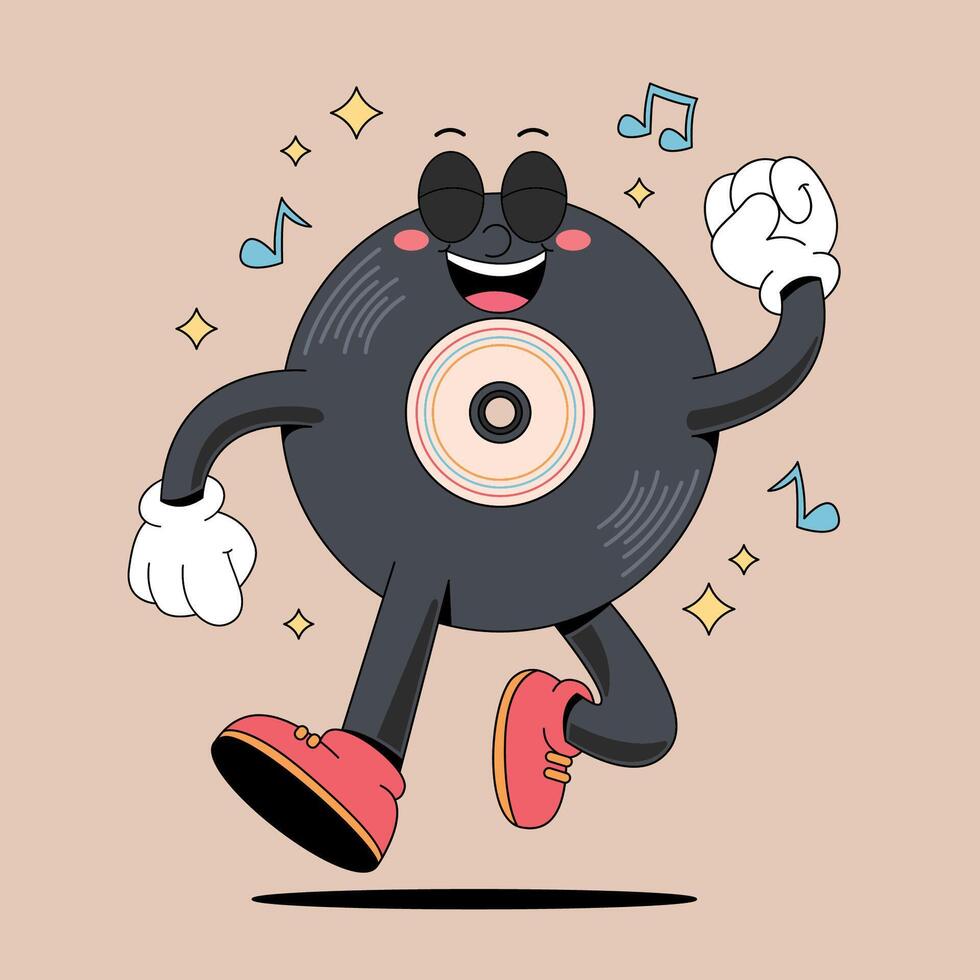 A cartoon vinyl record character running with music notes vector