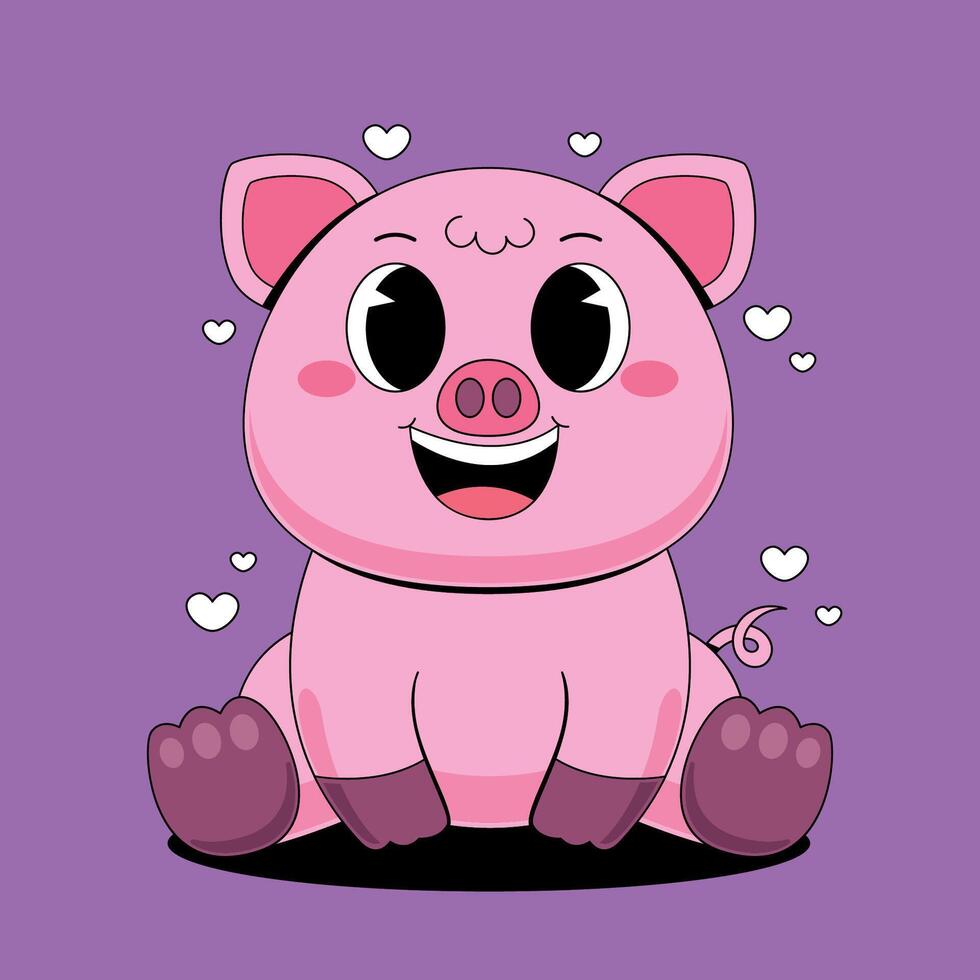 A cartoon pig sitting on the ground with hearts around it vector