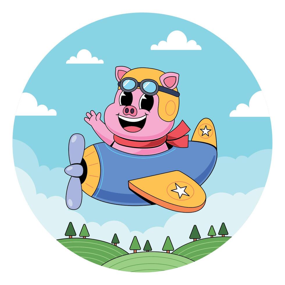 A cartoon pig flying in an airplane vector