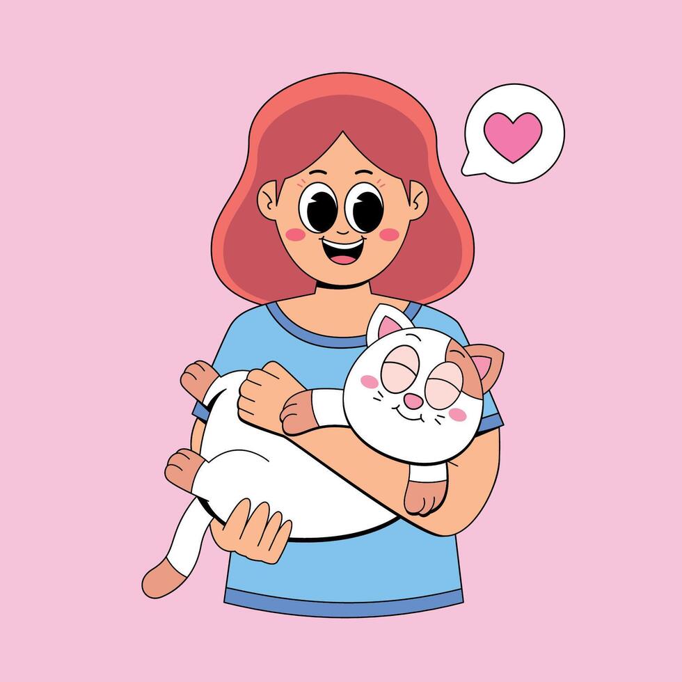 A woman holding a cat with a speech bubble above it vector