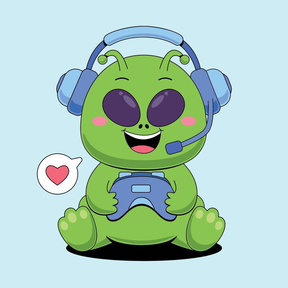 Alien with headphones and a heart vector