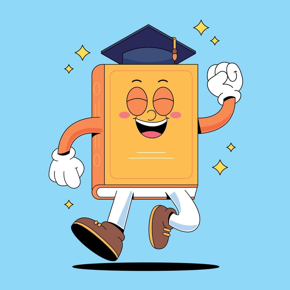 A cartoon book character running with a graduation cap on vector
