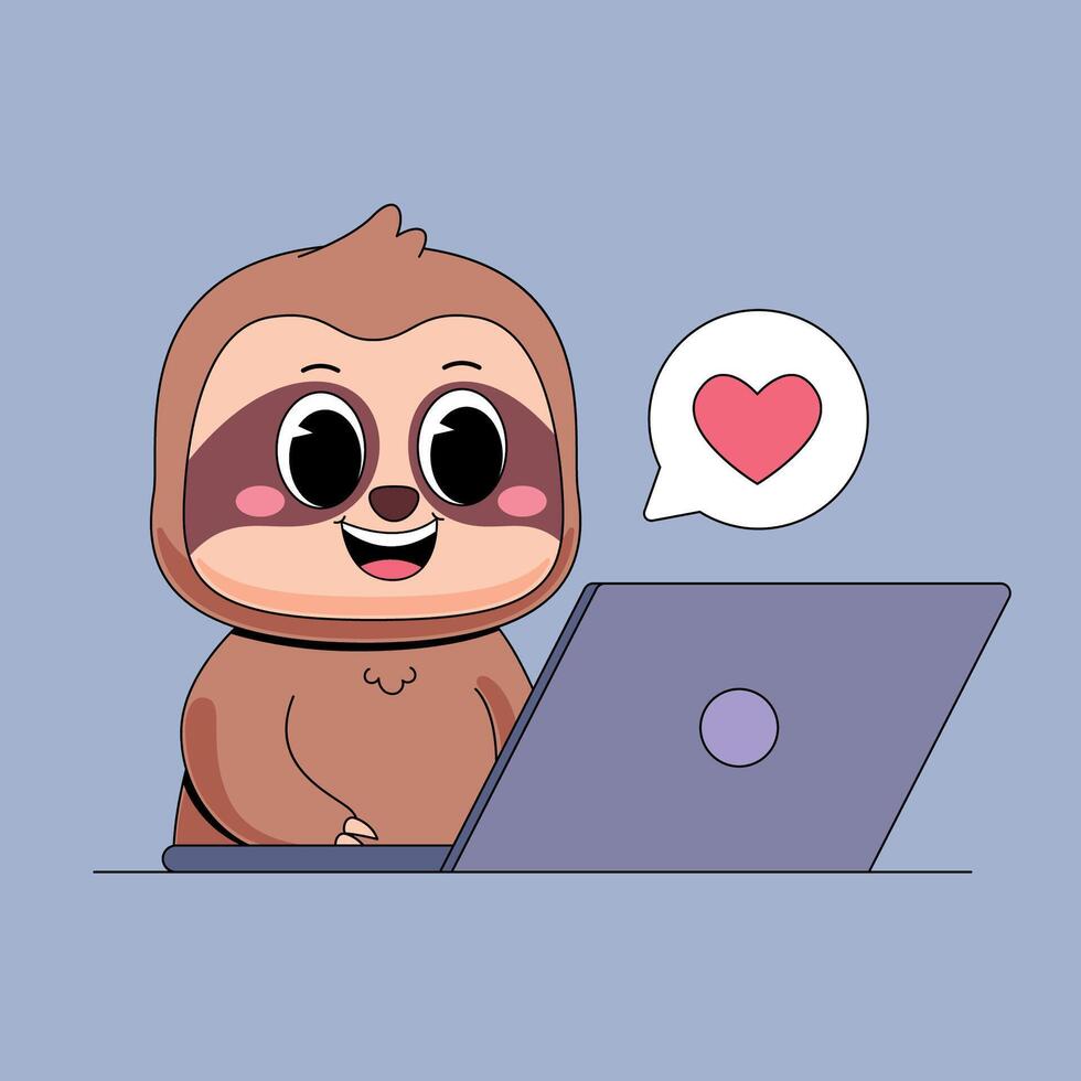 Cute sloth with heart on laptop vector