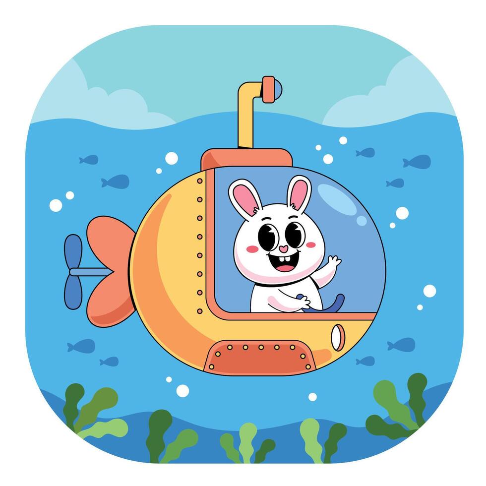 A cartoon rabbit in a submarine with a fish vector