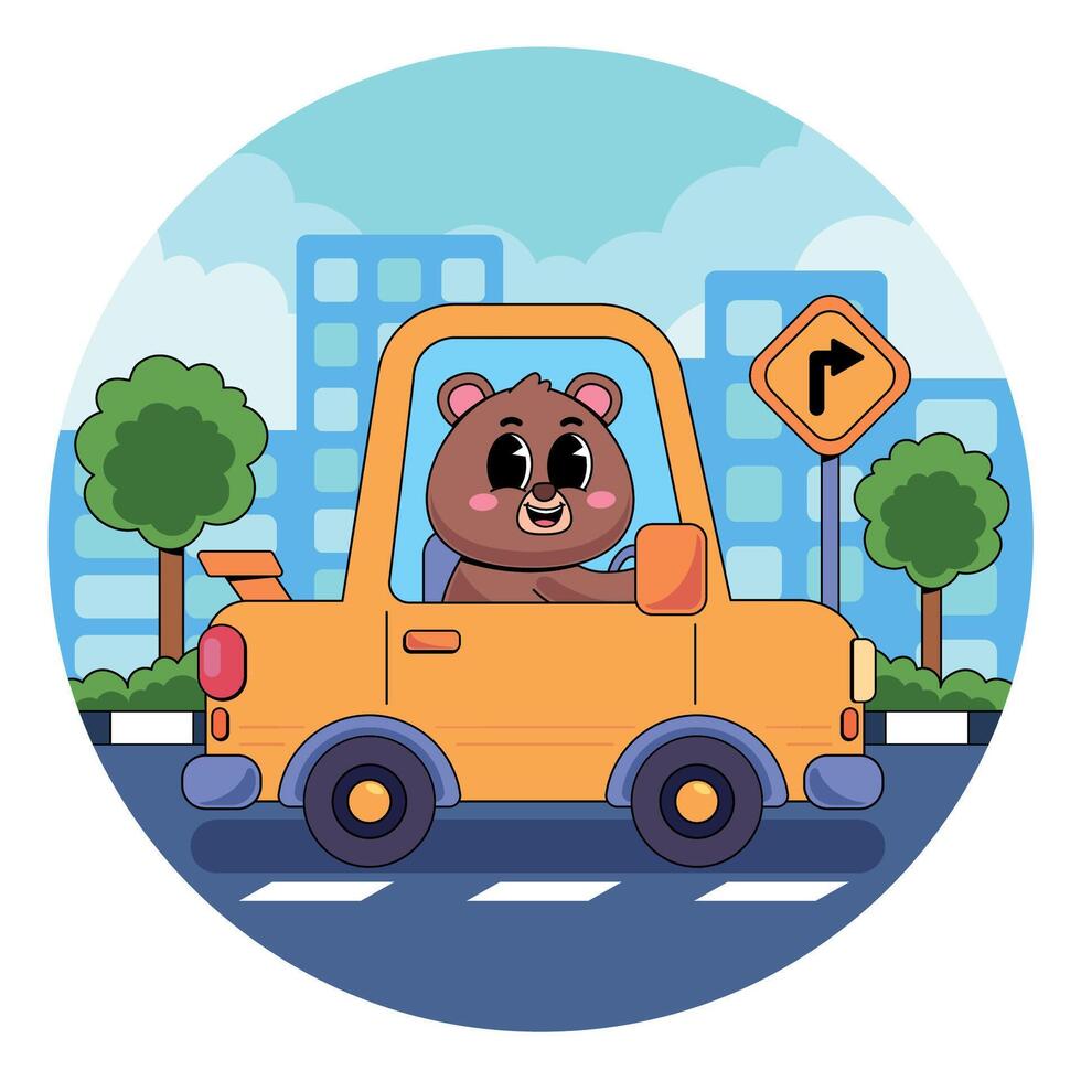 A cartoon bear driving a car with a traffic sign vector