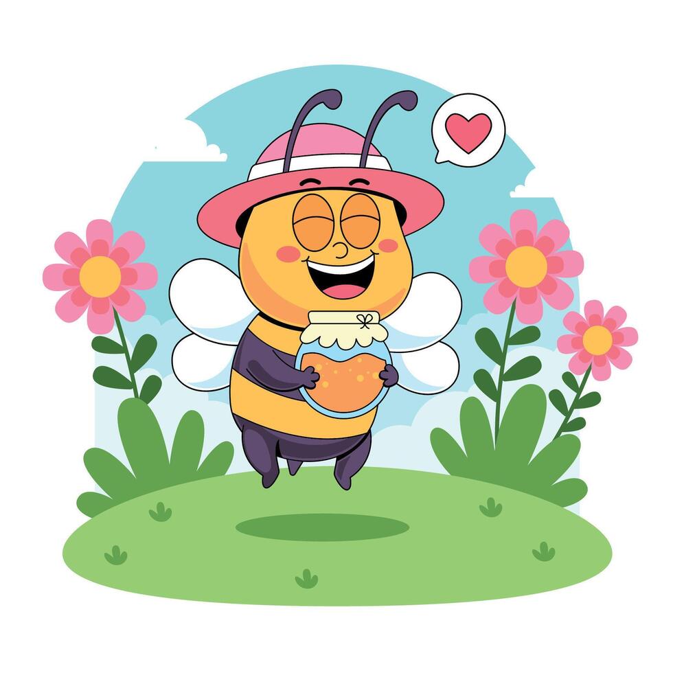Bee with a jar of honey and flowers vector