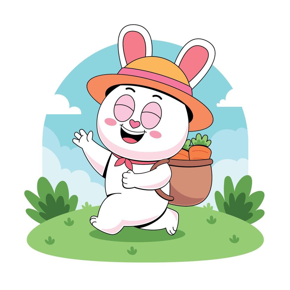 A cartoon rabbit carrying a basket of carrots vector