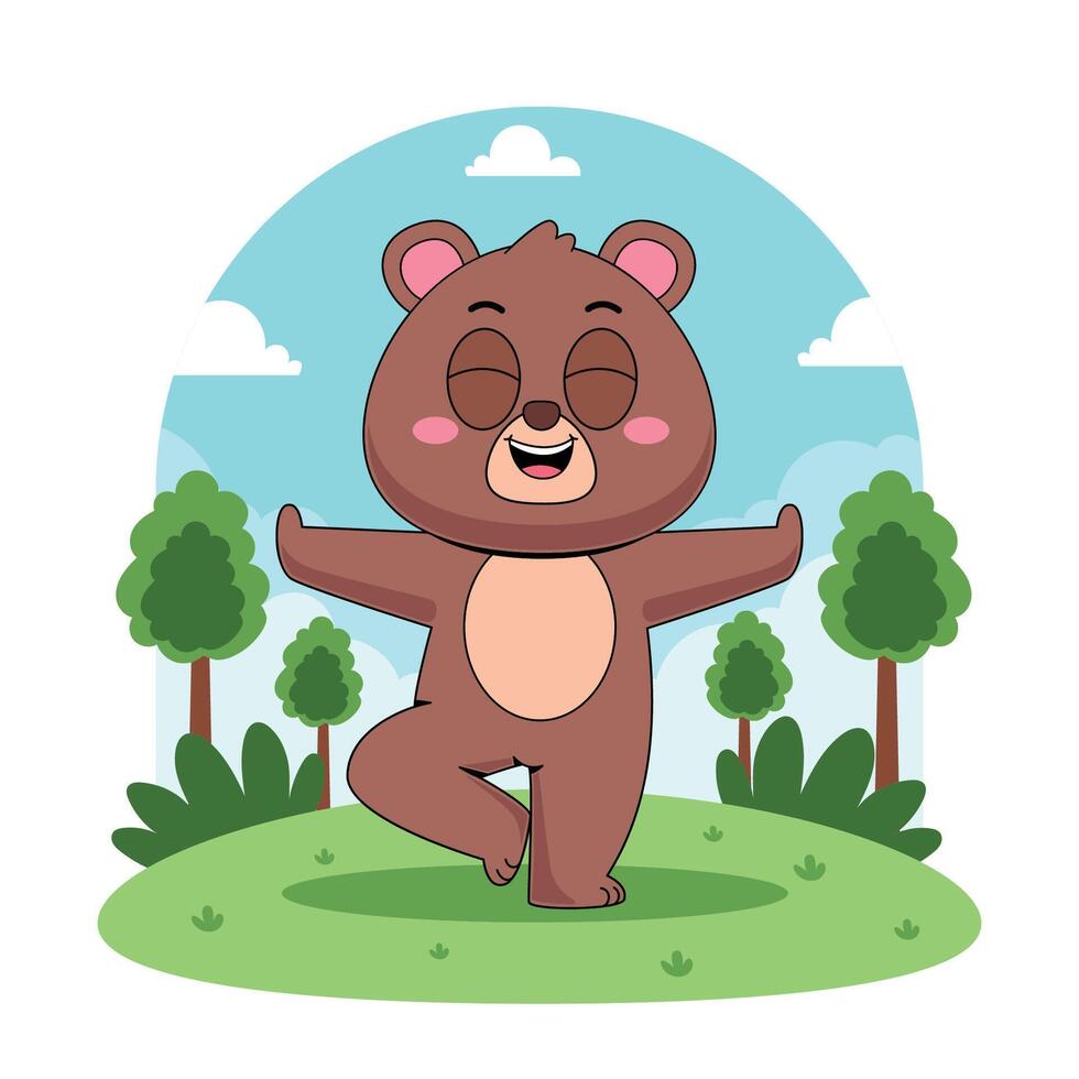 A cartoon bear doing yoga in the forest vector