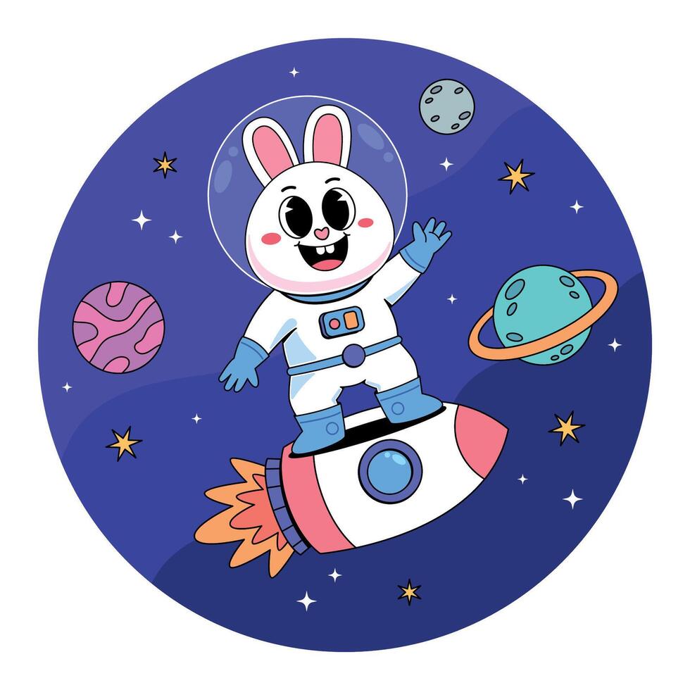 Cartoon rabbit in space with planets and stars vector
