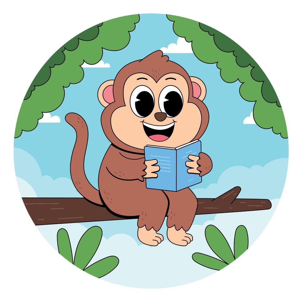 A cartoon monkey sitting on a branch reading a book vector