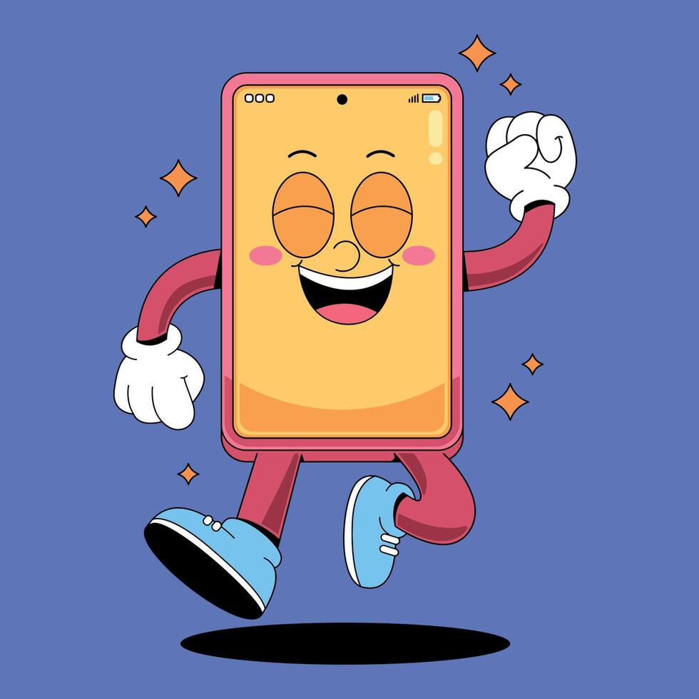 A cartoon phone character running and smiling vector