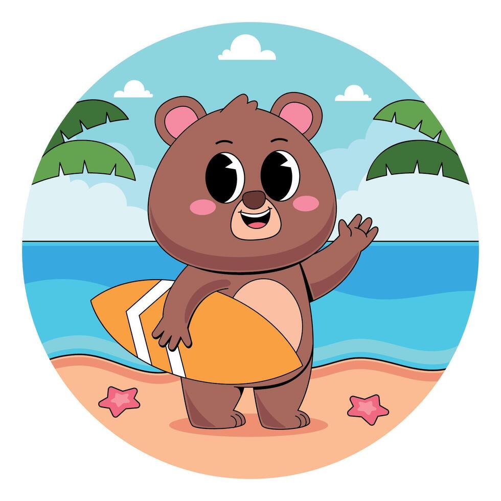 A cartoon bear holding a surfboard on the beach vector