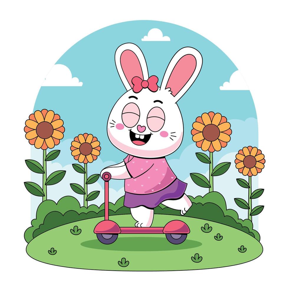 A cartoon bunny riding a scooter in the garden vector