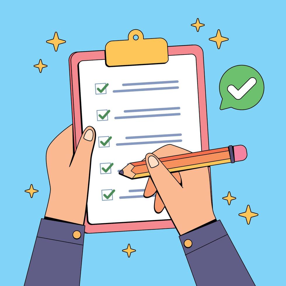 Hand writing checklist on clipboard with pencil and check mark vector