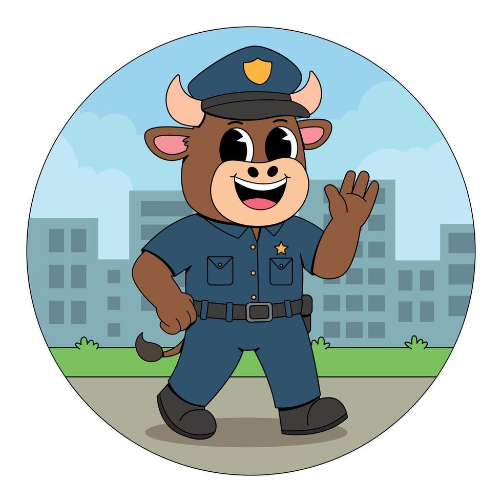 A cartoon bull in a police uniform waving vector