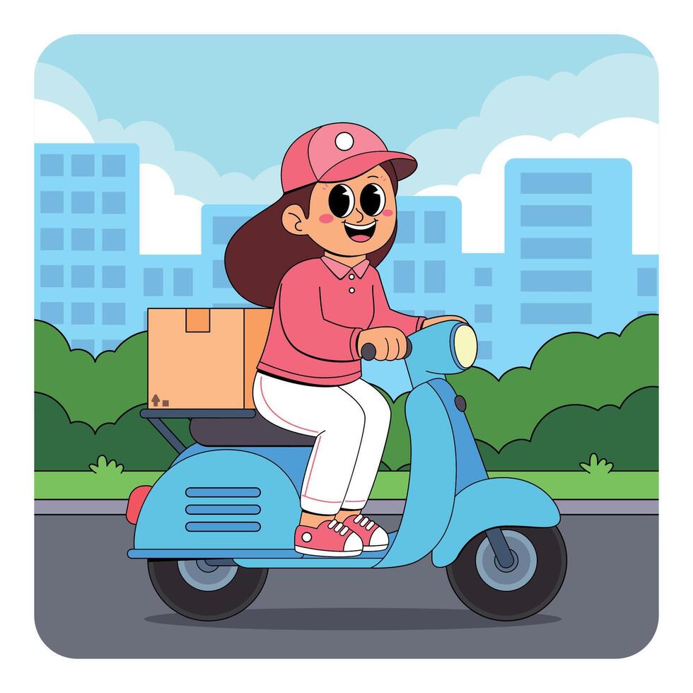A cartoon girl riding a scooter with boxes on it vector