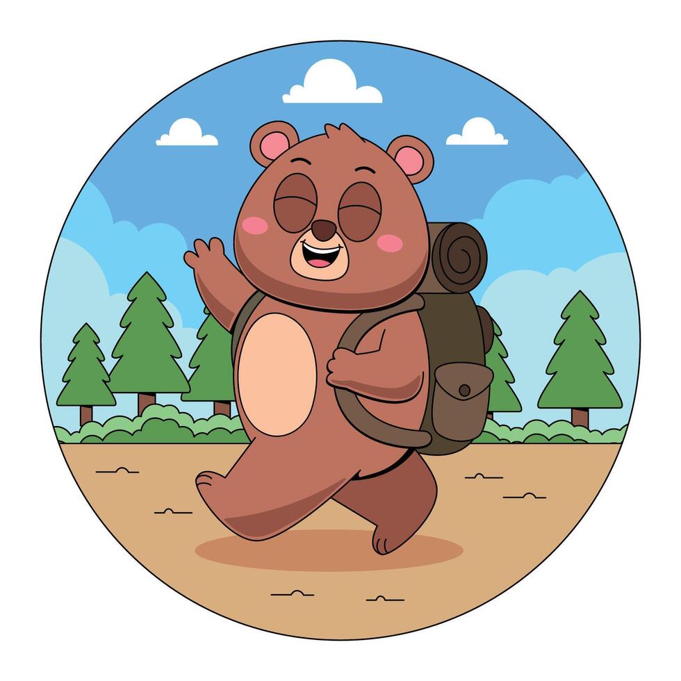A cartoon bear with a backpack walking in the woods vector