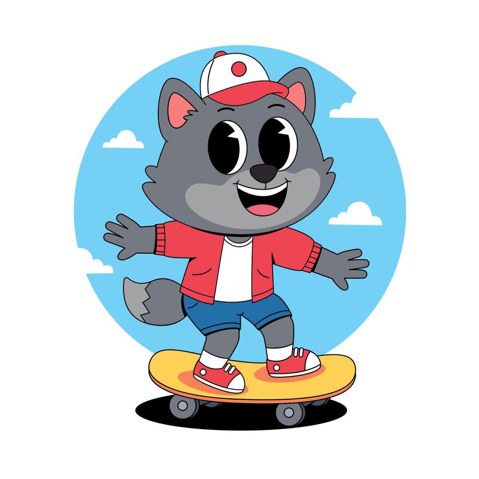 A cartoon cat wearing a red cap and riding a skateboard vector